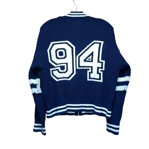 Nikka K Womens L Varsity Cardigan Sweater Navy Blue Full Zip Embroidered NWT